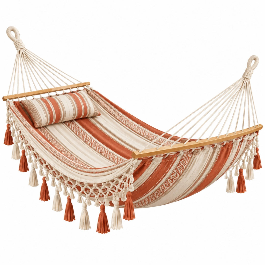 Hamac 200 x 100 cm en coton beige et terre cuite avec barres en bois style bohème