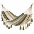 Hamac 200 x 100 cm en coton vert et beige avec franges style bohème