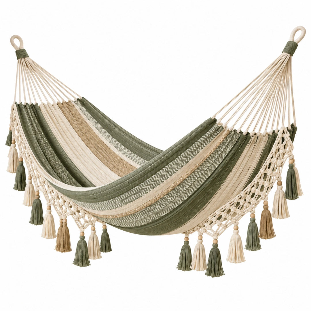 Hamac 200 x 100 cm en coton vert et beige avec franges style bohème