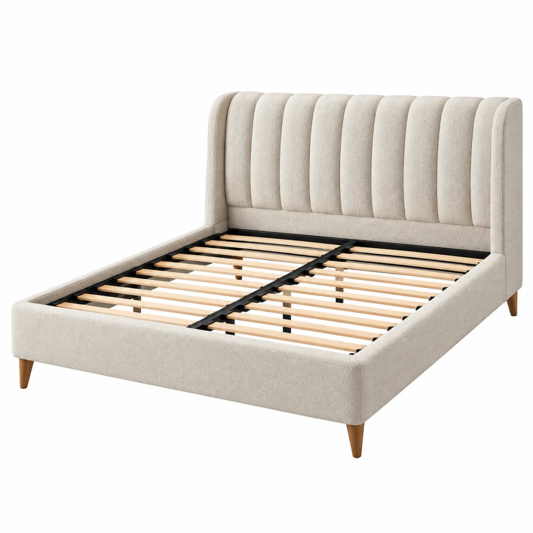 Lit double 160 x 200 cm en tissu beige avec sommier à lattes style contemporain