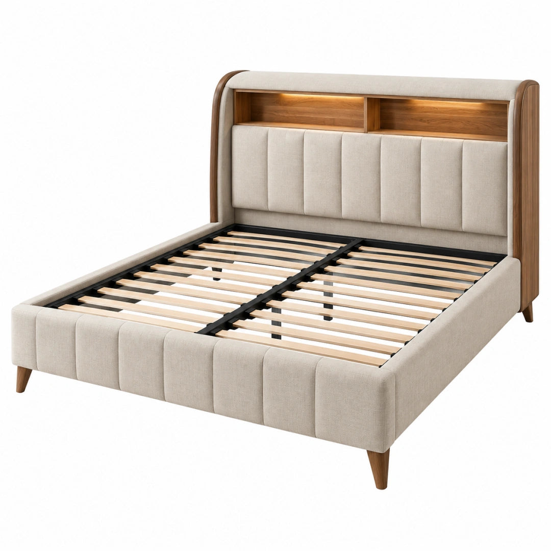 Lit 160 x 200 cm en tissu beige et bois avec sommier à lattes et rangements tête de lit