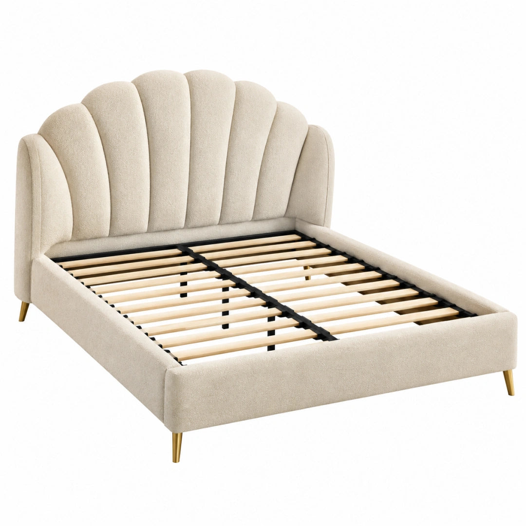 Lit double 160 x 200 cm en tissu bouclette beige avec sommier à lattes style art déco
