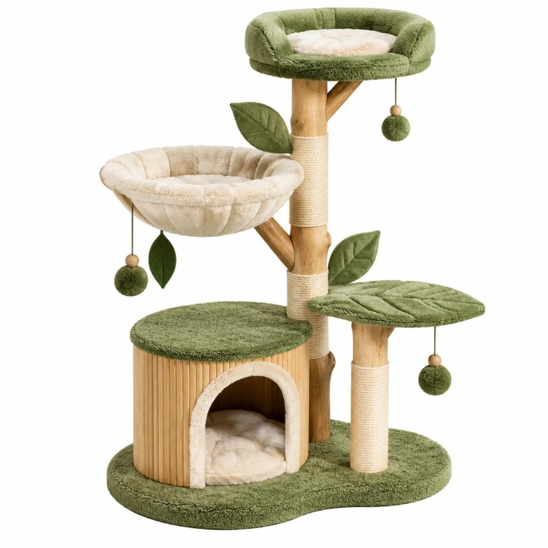 Arbre à chat 60 x 50 x 145 cm en bois et peluche vert crème avec griffoirs et niches