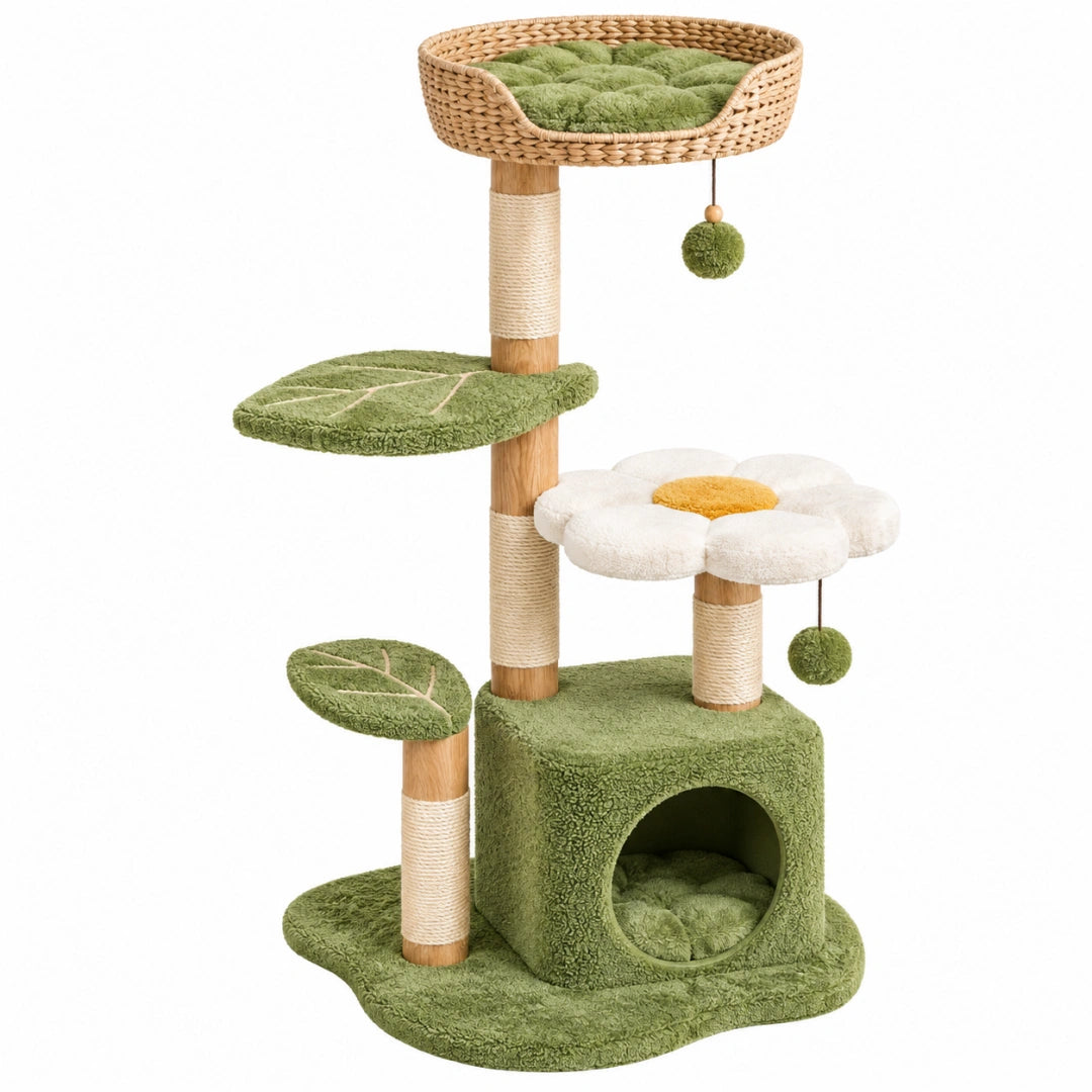 Arbre à chat 60 x 50 x 120 cm en bois et sisal vert style nature avec niches et plateformes