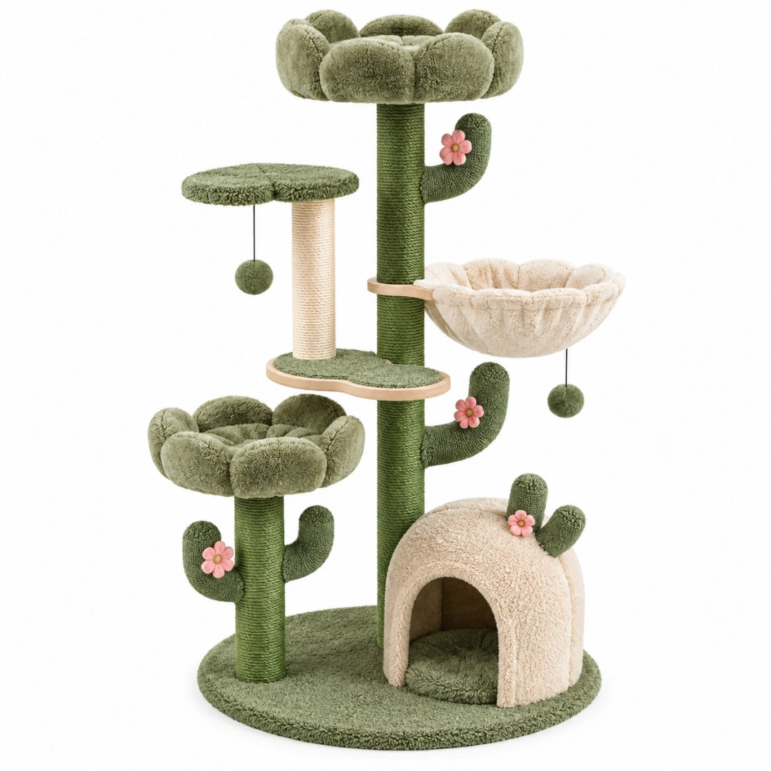 Arbre à chat 60 x 50 x 145 cm vert et beige en sisal avec niches plateformes et griffoirs