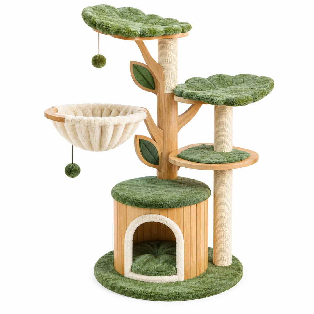 Arbre à chat 60 x 60 x 130 cm en bois vert et beige avec griffoirs style végétal