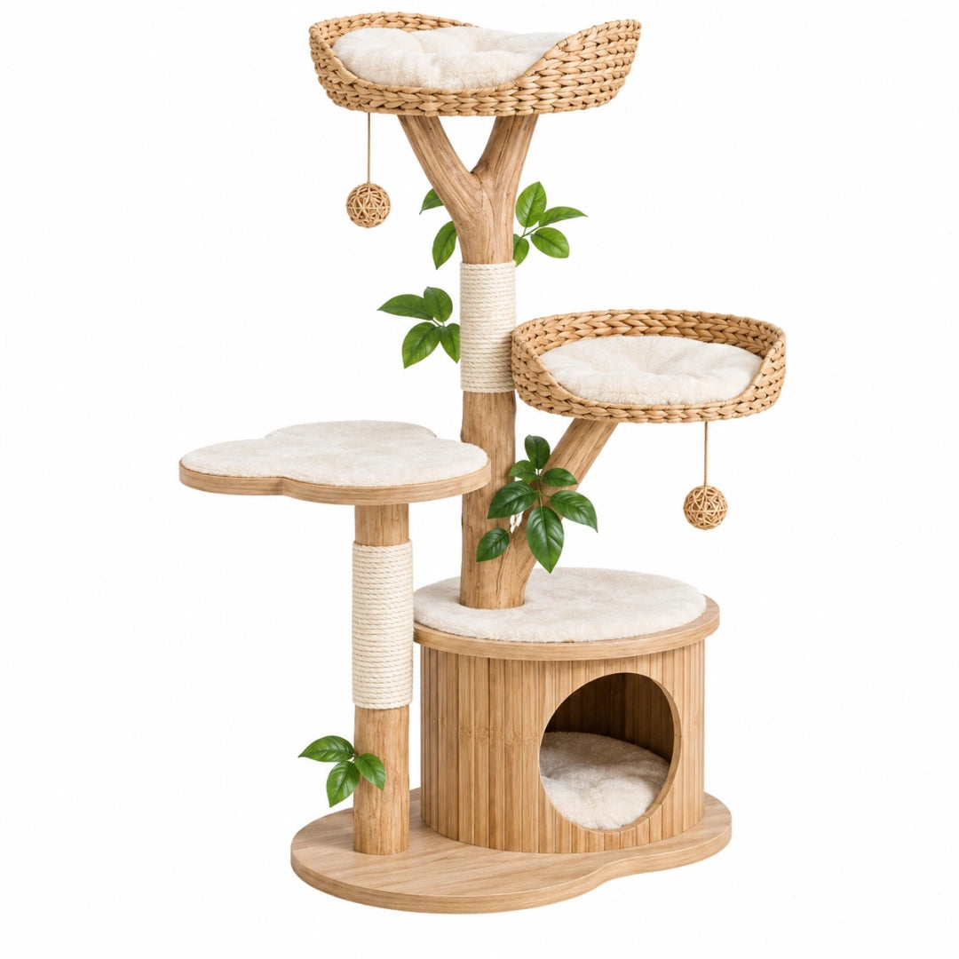 Arbre à chat 60 x 50 x 150 cm bois naturel beige avec paniers tressés et griffoirs