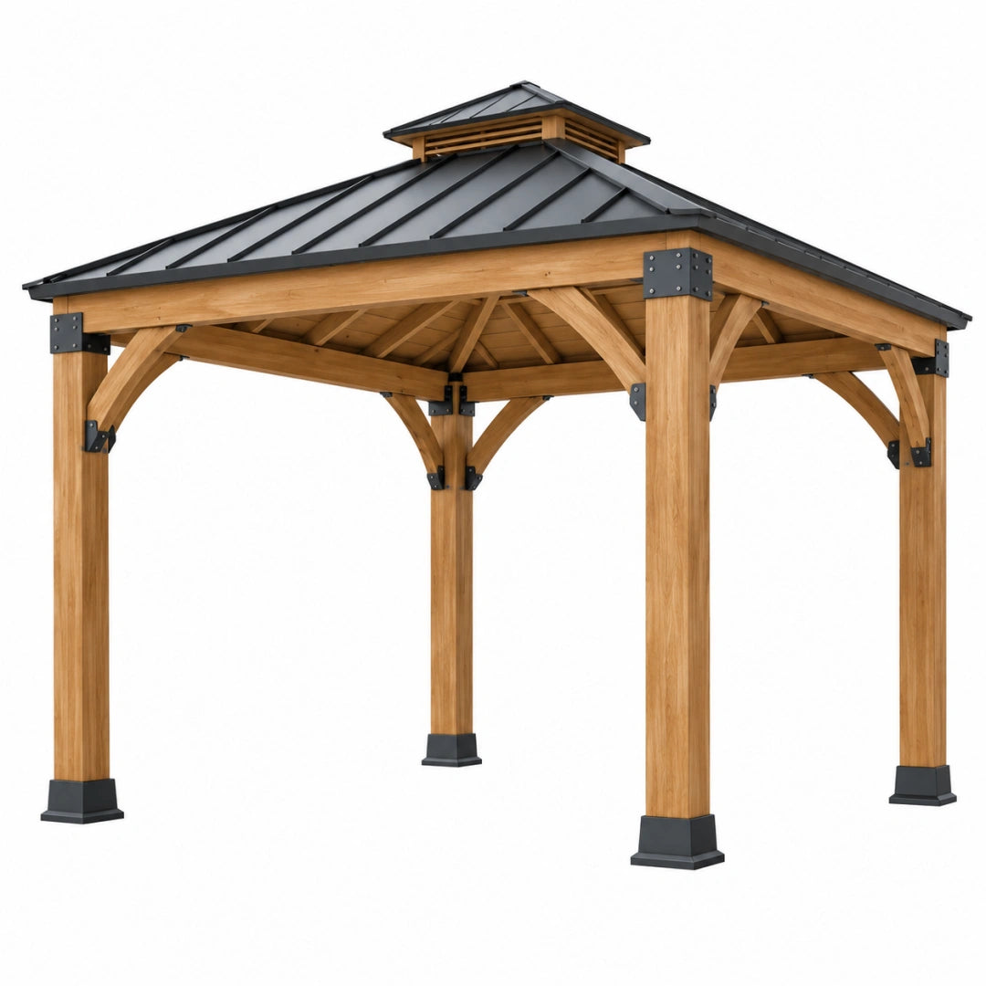 Gazebo de jardin 300 x 300 x 300 cm en bois naturel et métal noir avec toiture à quatre pans
