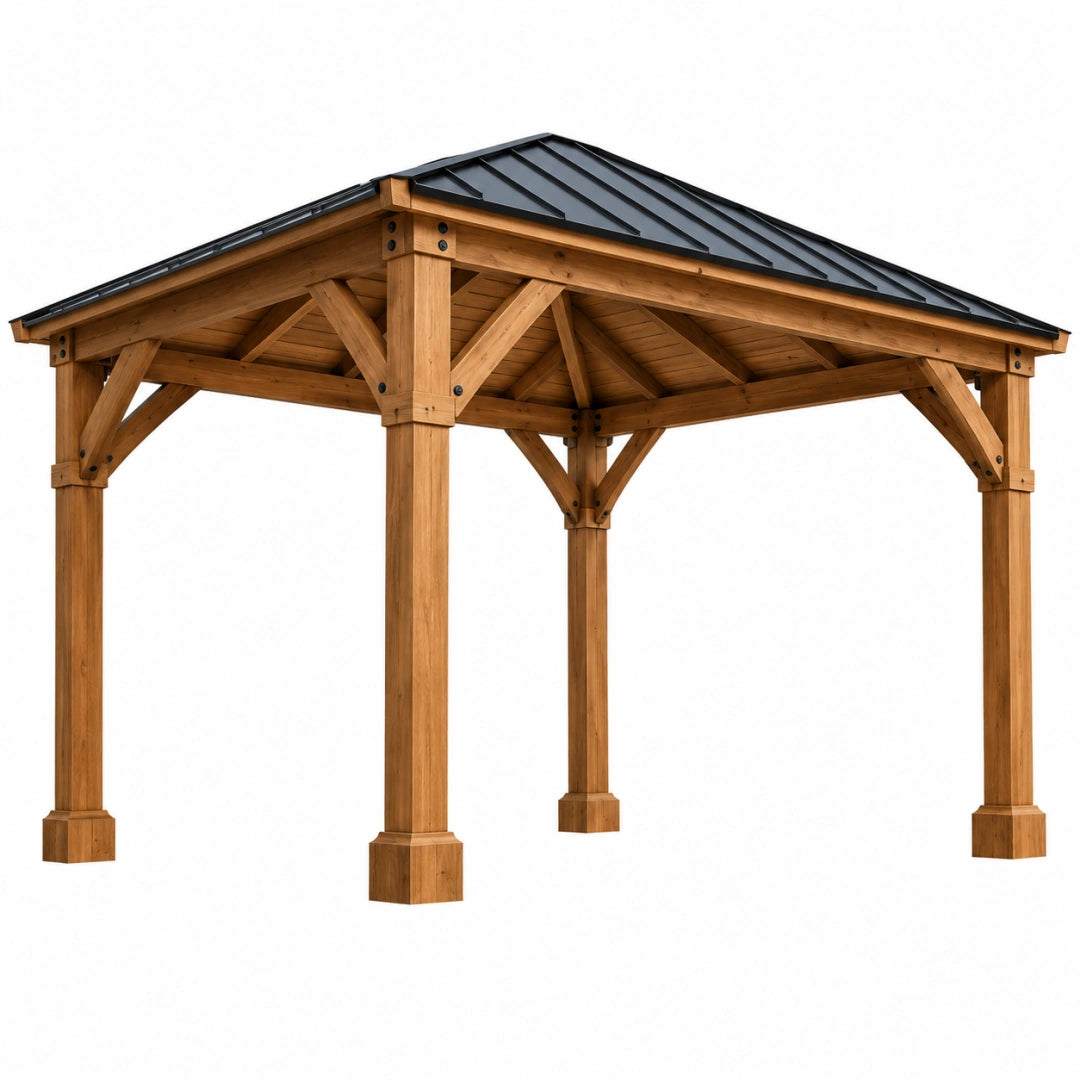 Pavillon de jardin 300 x 300 x 280 cm en bois brun avec toiture métallique noire style rustique