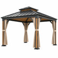 Tonnelle de jardin 300 x 300 x 290 cm en acier noir et bois brun avec rideaux