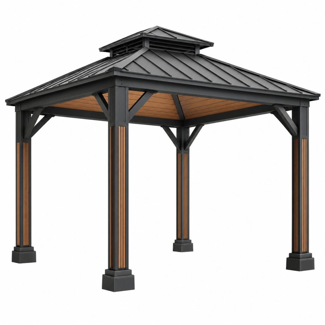 Pavillon de jardin 300 x 300 cm en acier noir et bois style contemporain à toit ventilé