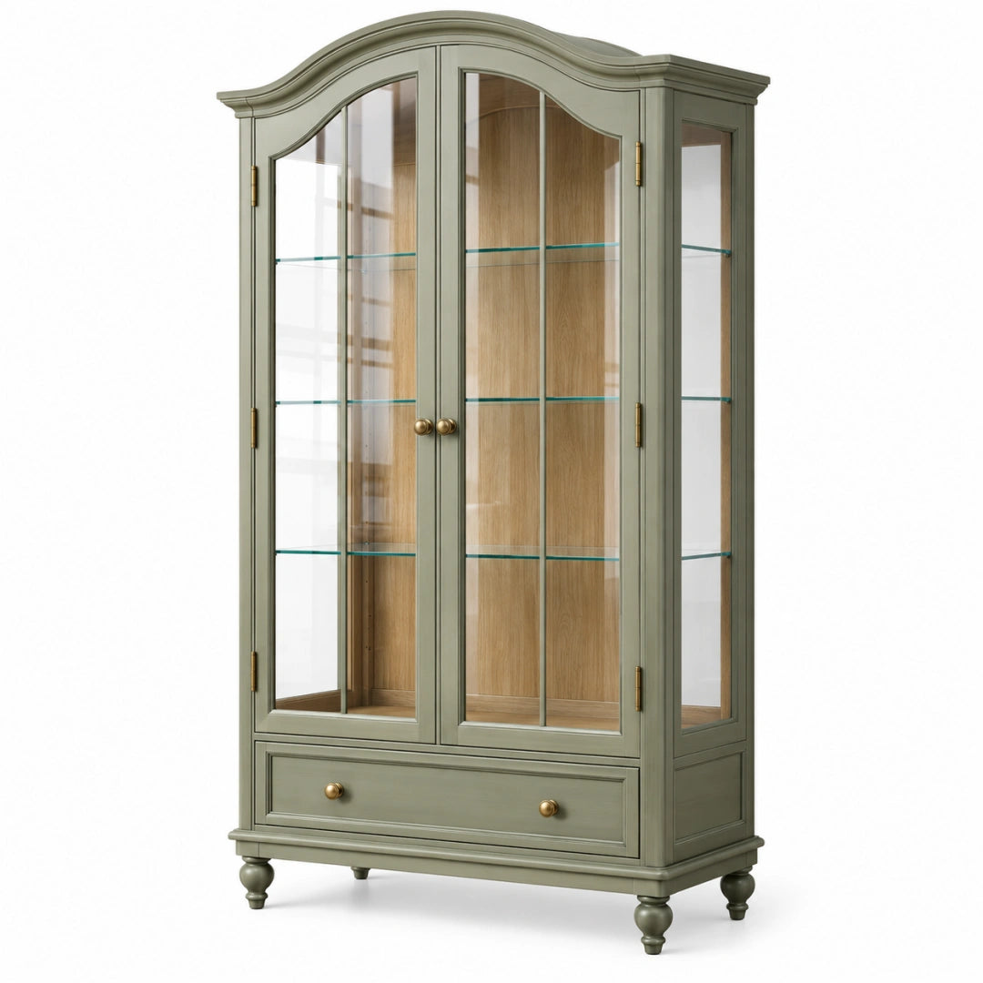 Vitrine 100 x 45 x 190 cm en bois vert sauge et verre style classique avec tiroir