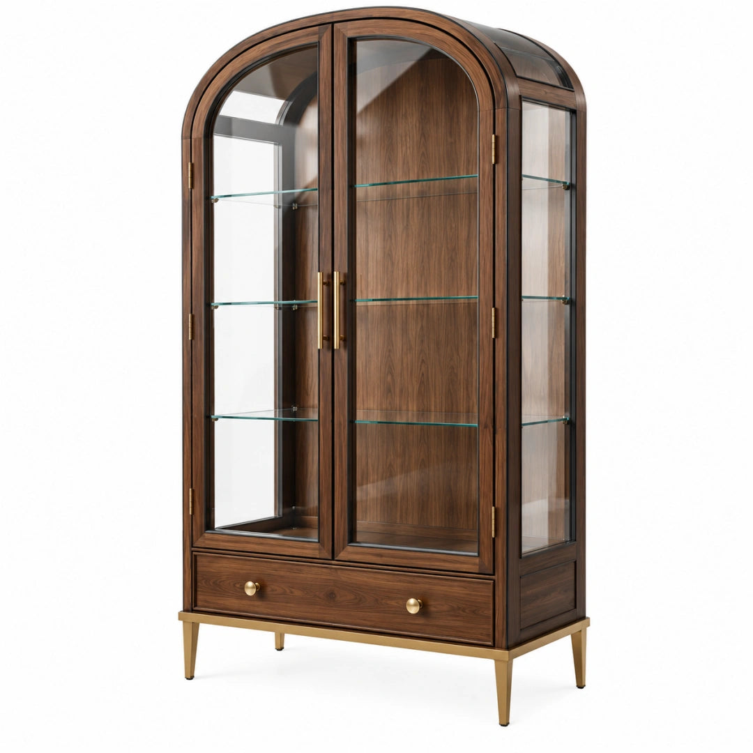 Vitrine 100 x 45 x 190 cm en bois brun et verre style classique avec rangement