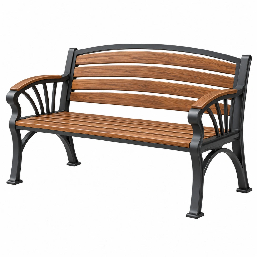 Banc de jardin 125 x 65 x 88 cm en bois et métal marron noir avec accoudoirs