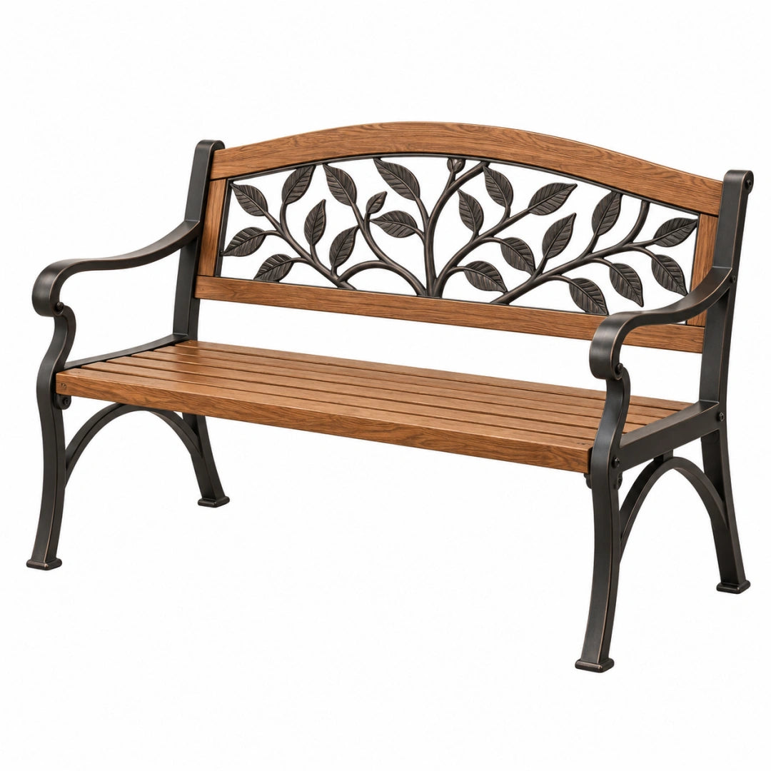 Banc de jardin 122 x 65 x 88 cm en métal brun et noir à motif feuilles