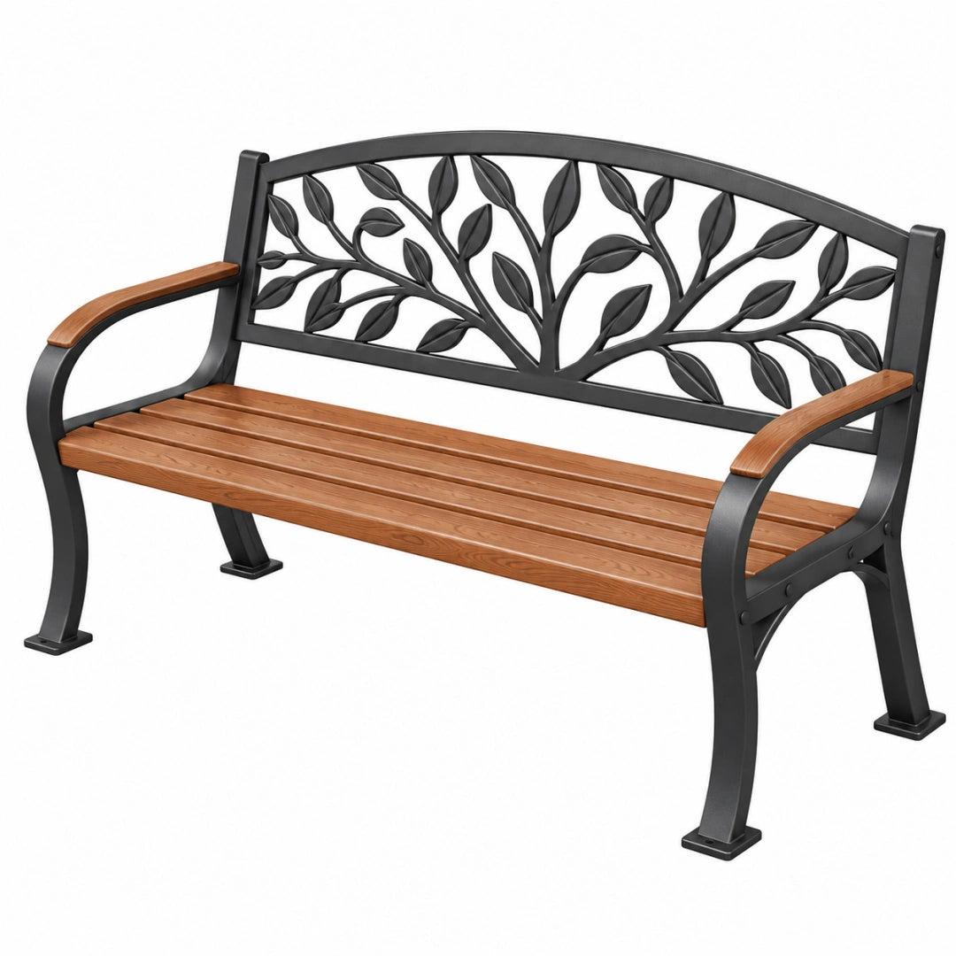 Banc de jardin 120 cm en métal et bois brun noir à dossier décor feuilles