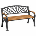 Banc de jardin 150 cm métal noir et bois brun à dossier ajouré