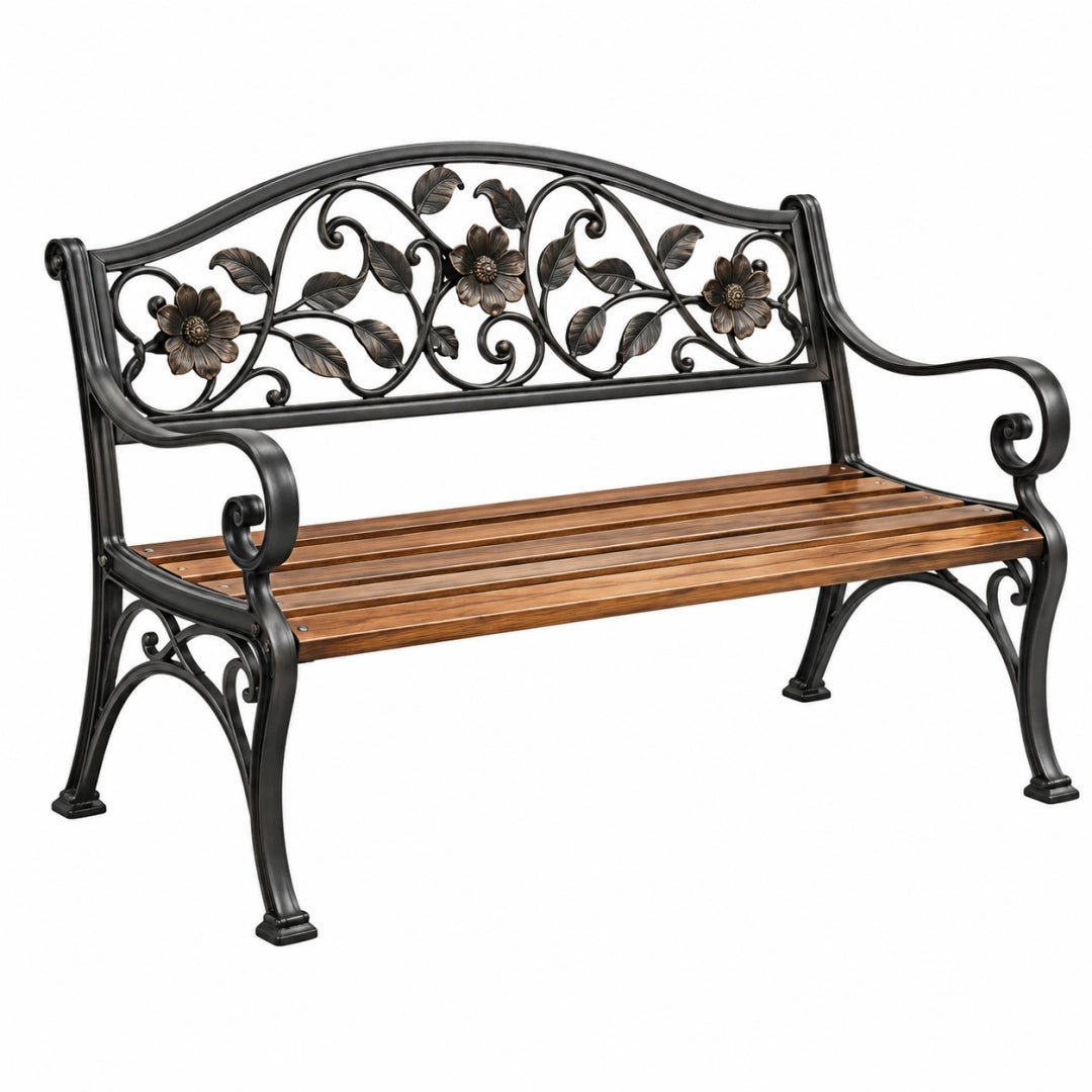 Banc de jardin 125 x 60 x 95 cm en métal noir et bois brun style floral
